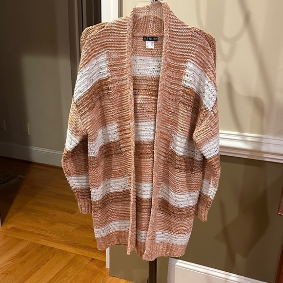 VENUS Sweaters - VENUS Women's Striped Cardigan - peachy pink and White